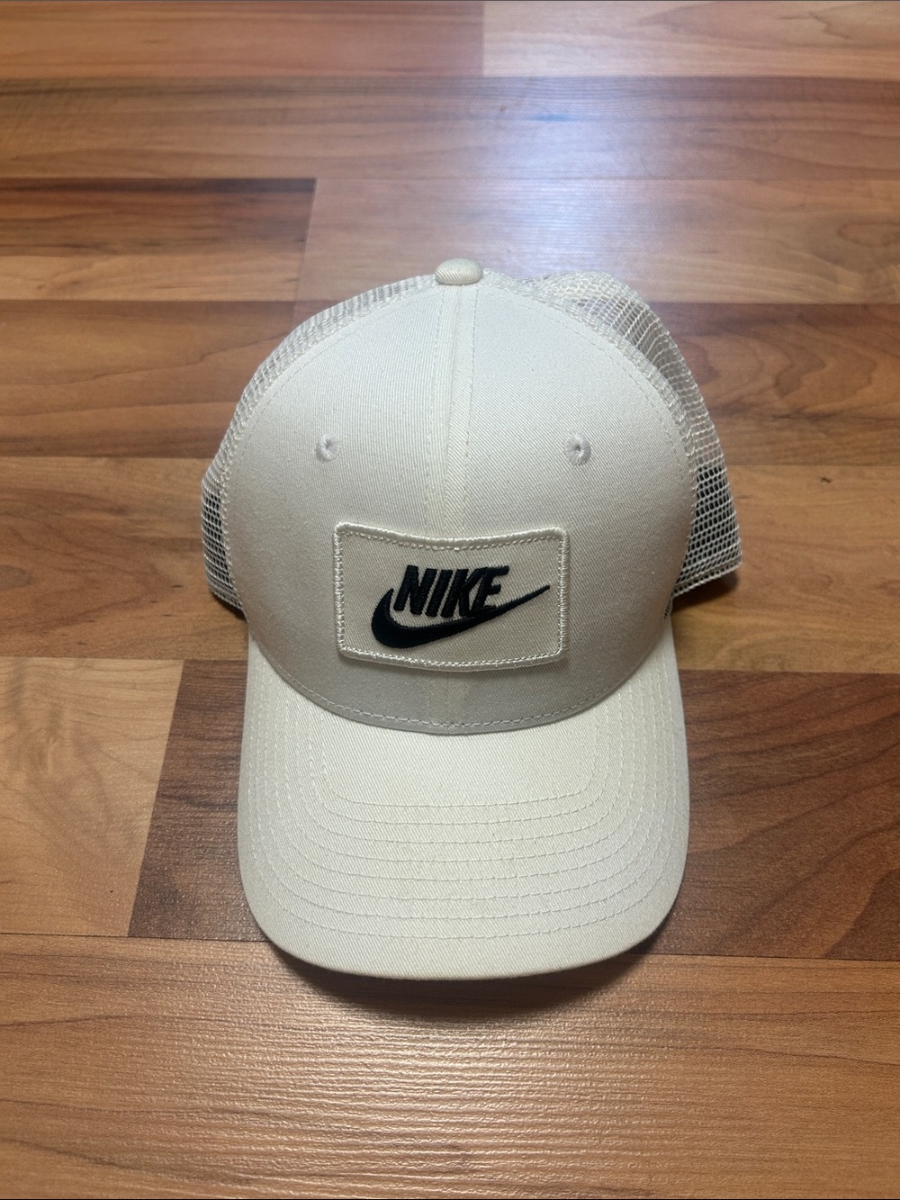 Nike White Mesh Trucker Cap with Black Logo Patch